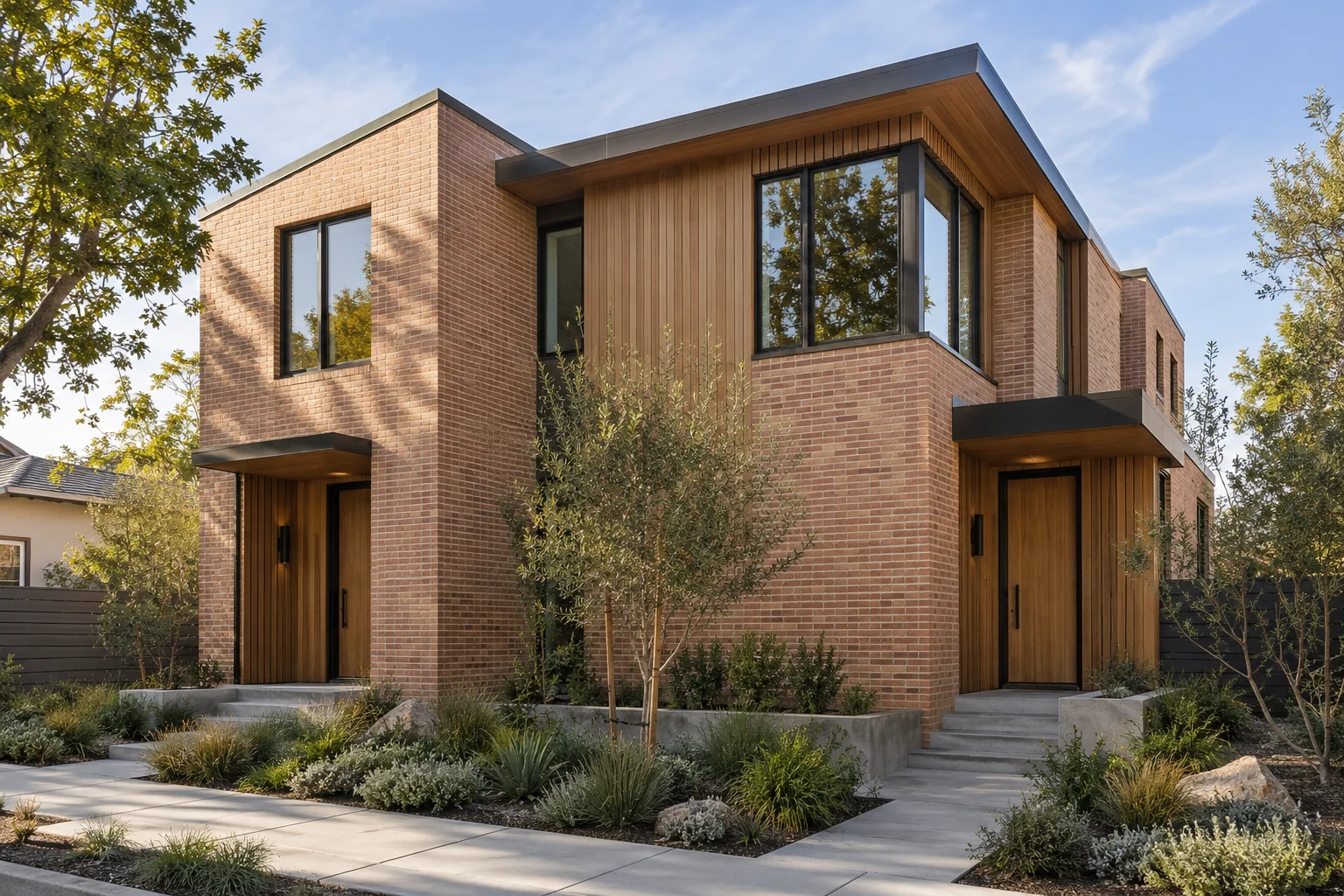 Architectural concept of a modern duplex with separate entries